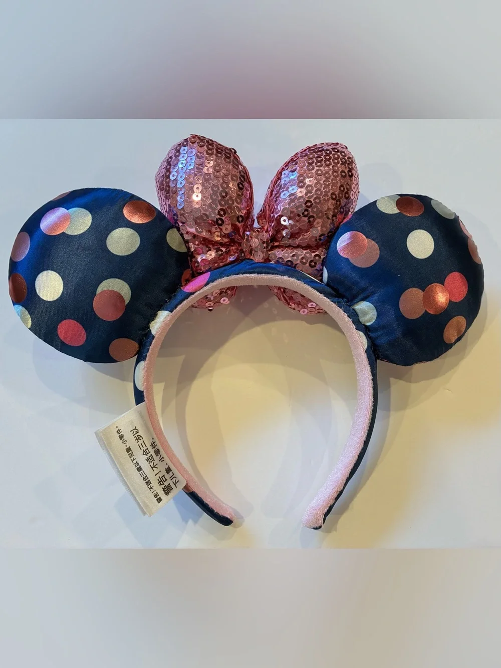 Disney Parks Minnie Mouse Ears Headband Navy Polka Dot Pink Sequin Bow